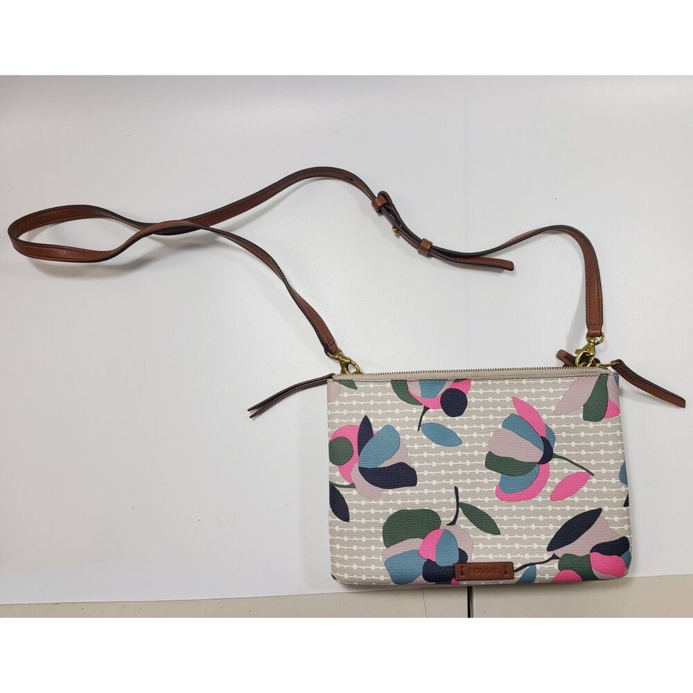 NEW Fossil Devon Floral Crossbody Bag Canvas Small Leather Trim Purse